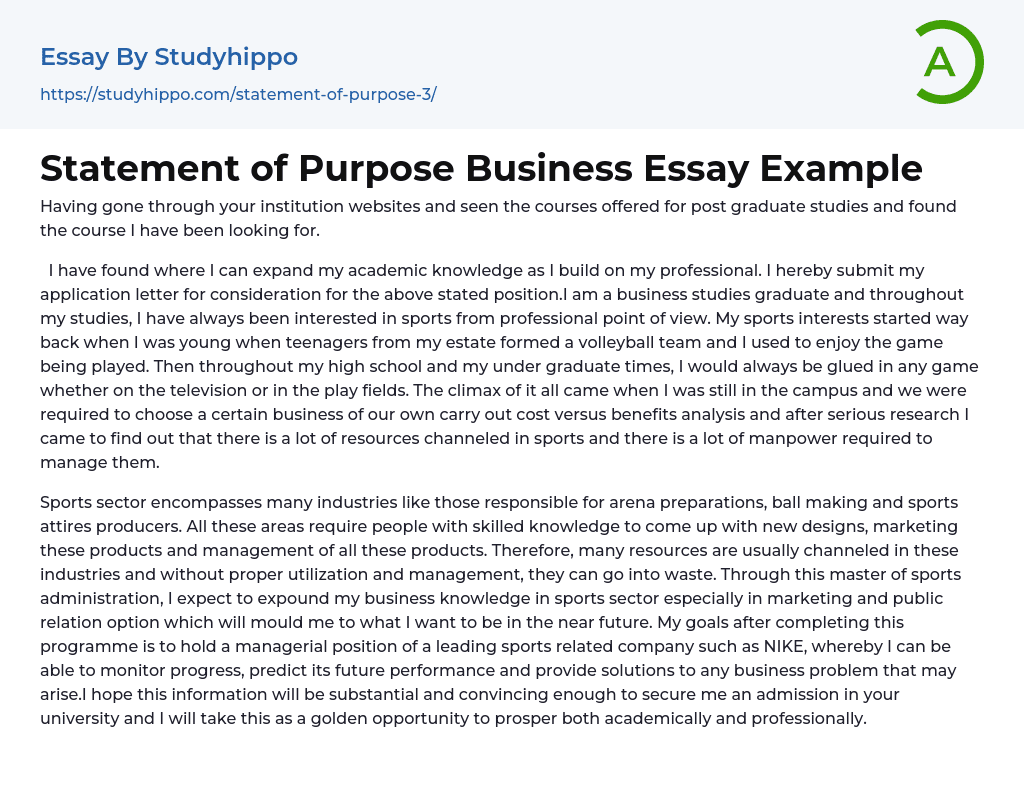 Statement of Purpose Business Essay Example