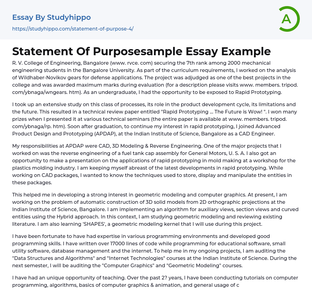Statement Of Purposesample Essay Example