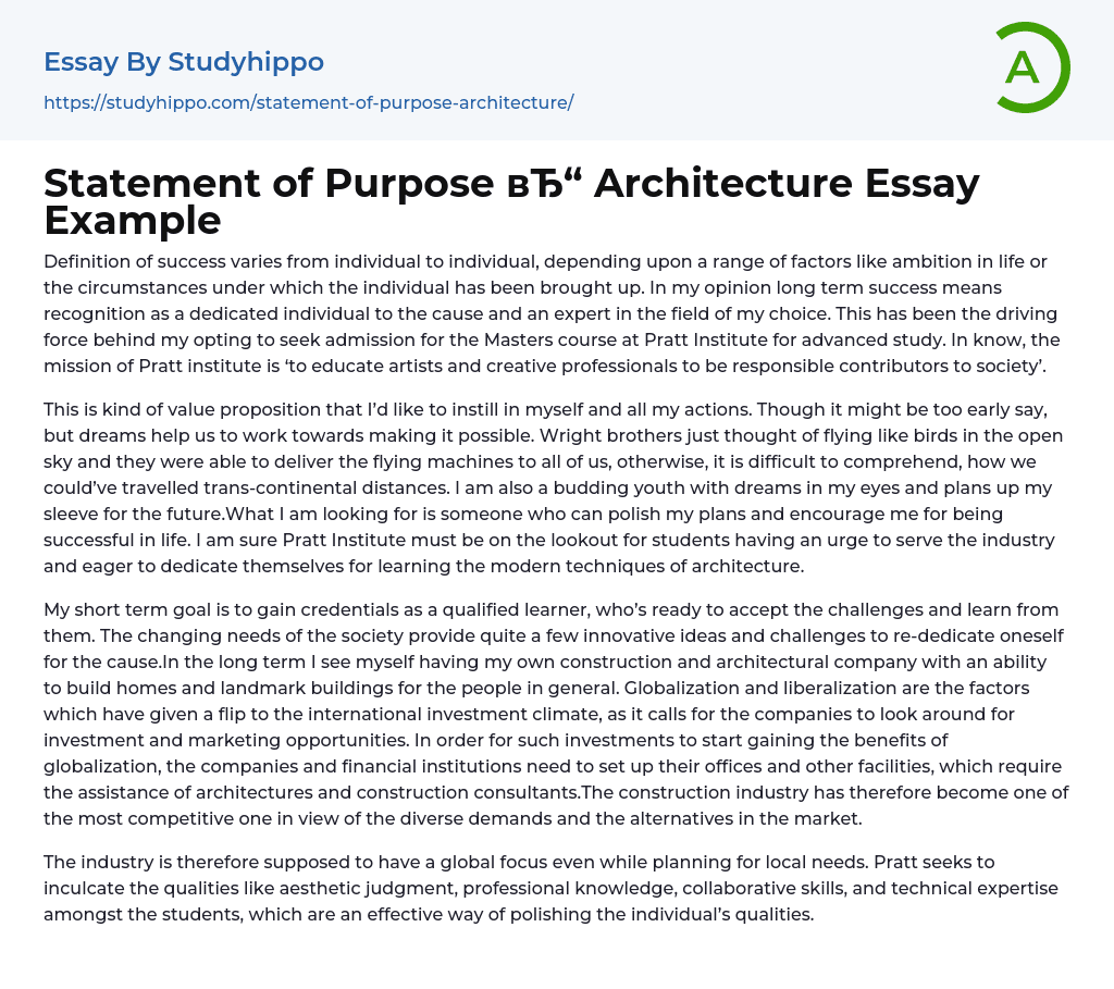 Statement of Purpose Architecture Essay Example