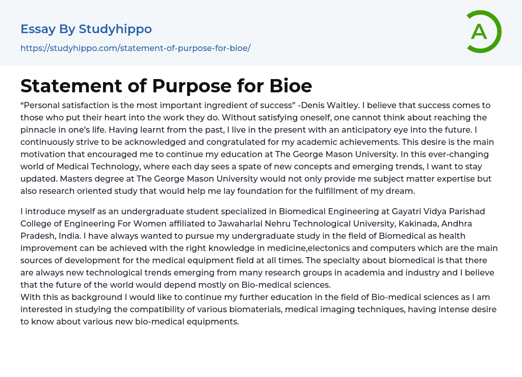 Statement of Purpose for Bioe Essay Example