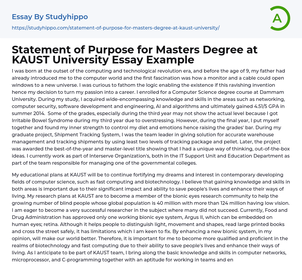 Statement of Purpose for Masters Degree at KAUST University Essay Example
