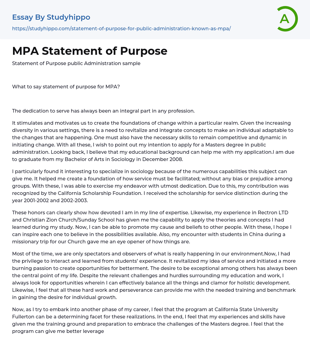 MPA Statement of Purpose Essay Example