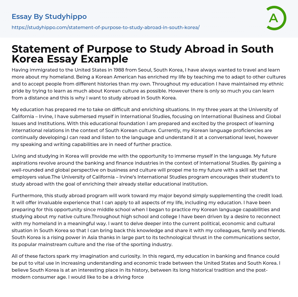 Statement of Purpose to Study Abroad in South Korea Essay Example