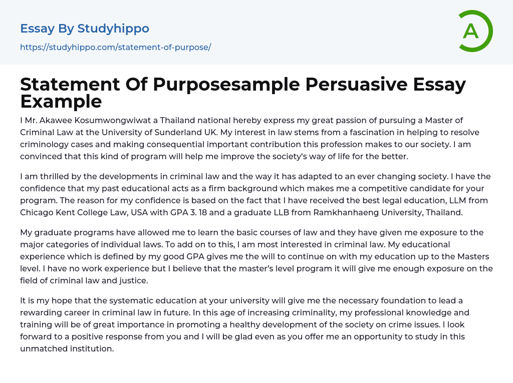 Statement Of Purposesample Persuasive Essay Example