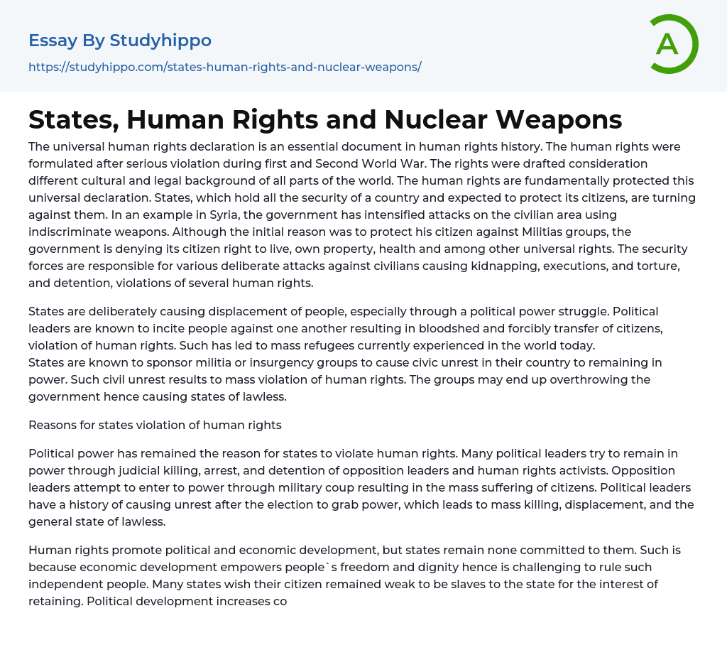 States, Human Rights and Nuclear Weapons Essay Example