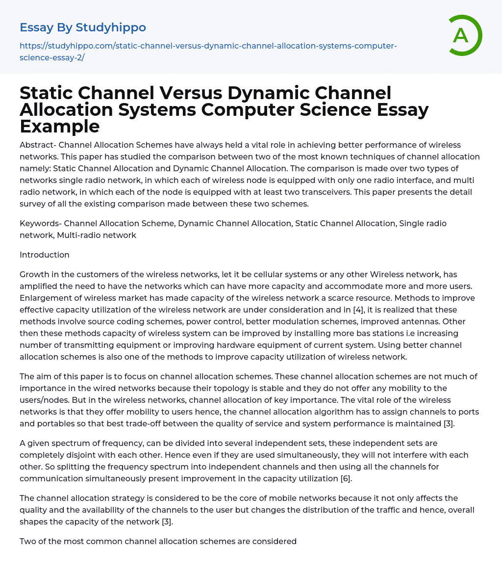 Static Channel Versus Dynamic Channel Allocation Systems Computer Science Essay Example