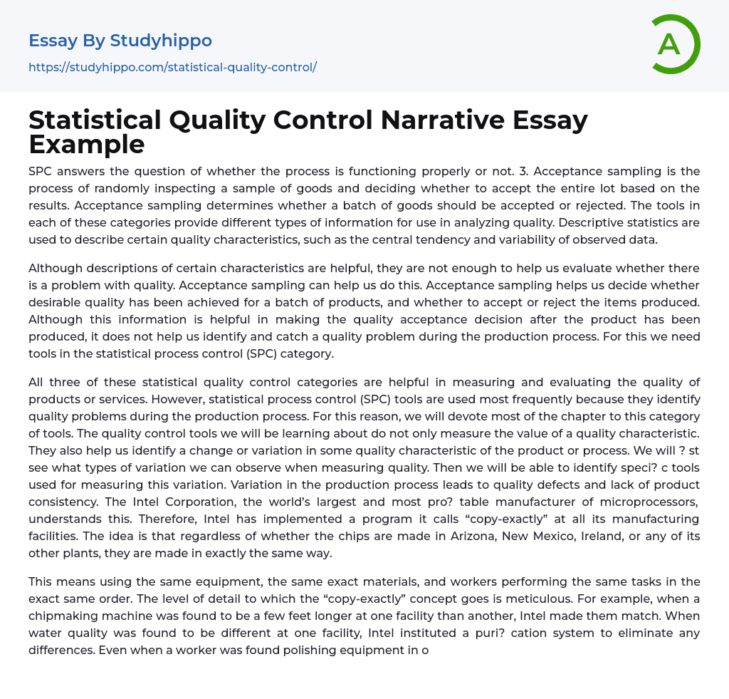 Statistical Quality Control Narrative Essay Example