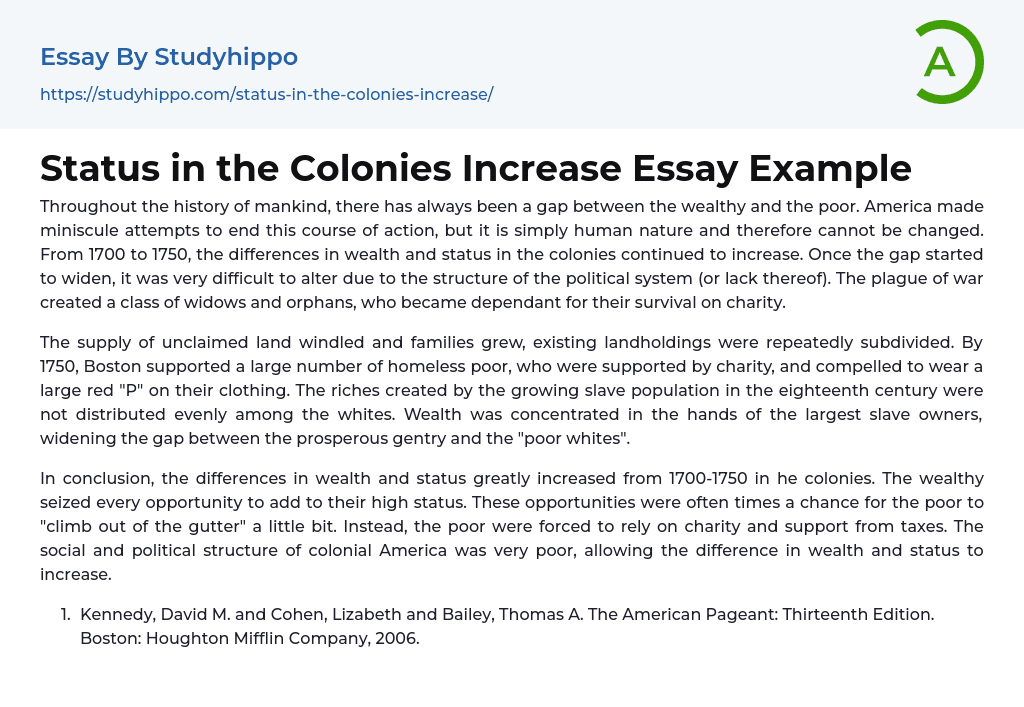Status in the Colonies Increase Essay Example