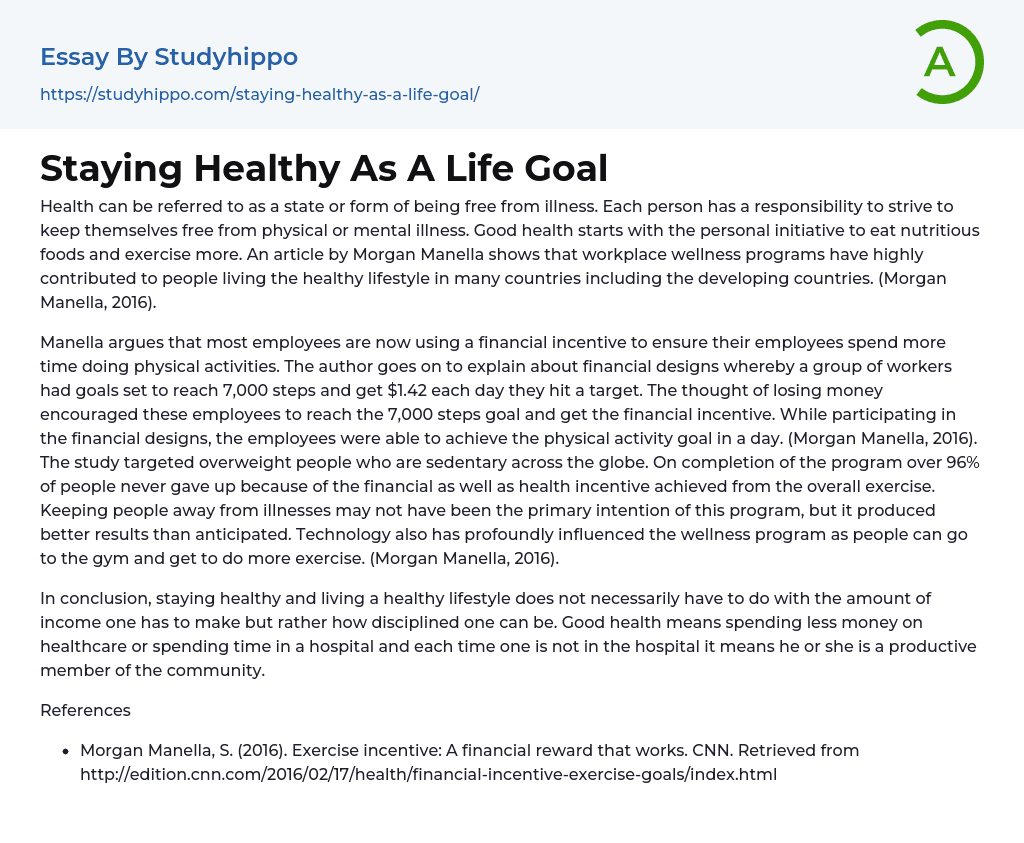 Staying Healthy As A Life Goal Essay Example