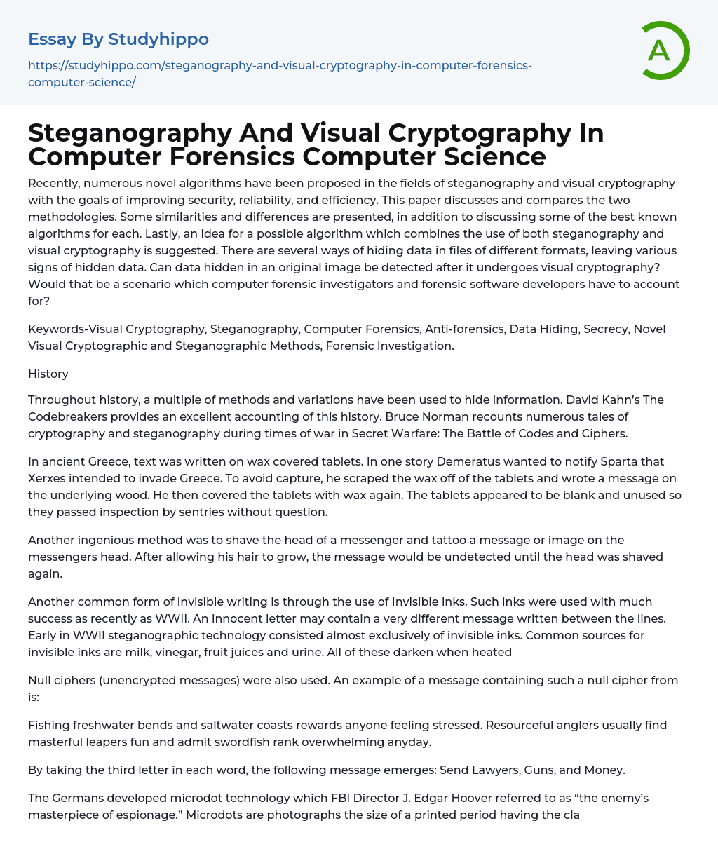 Steganography And Visual Cryptography In Computer Forensics Computer Science Essay Example