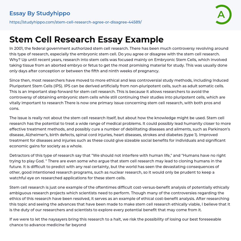 Stem Cell Research Essay Example