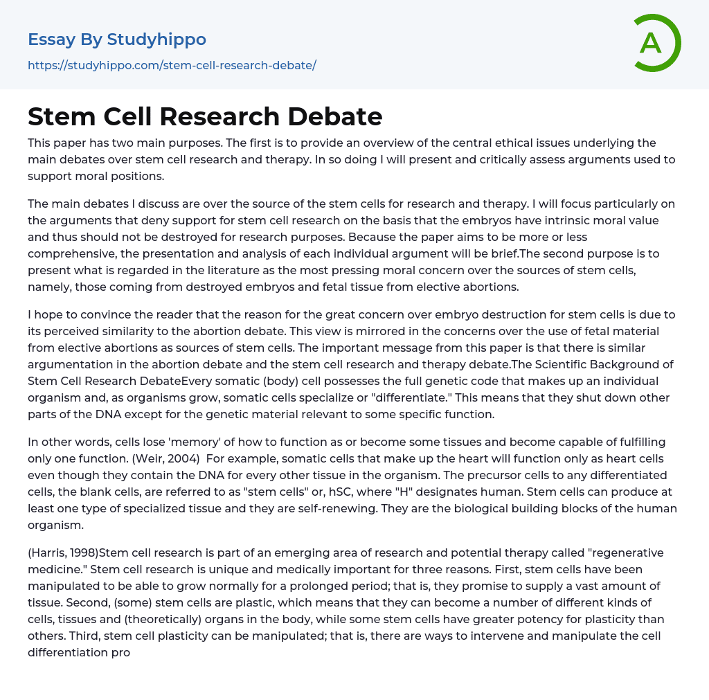Stem Cell Research Debate Essay Example
