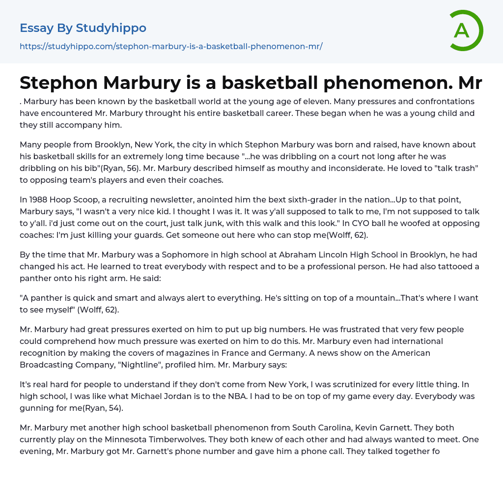 Stephon Marbury is a basketball phenomenon. Mr Essay Example