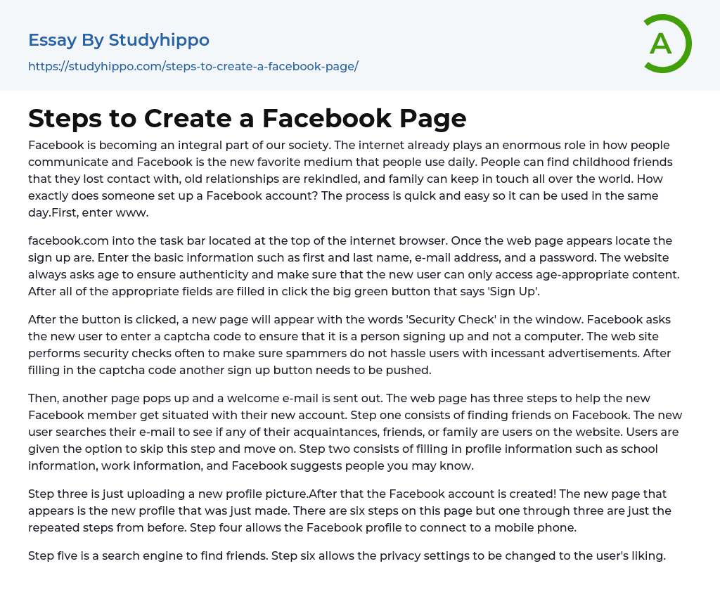 Steps to Create a Facebook Page Essay Example