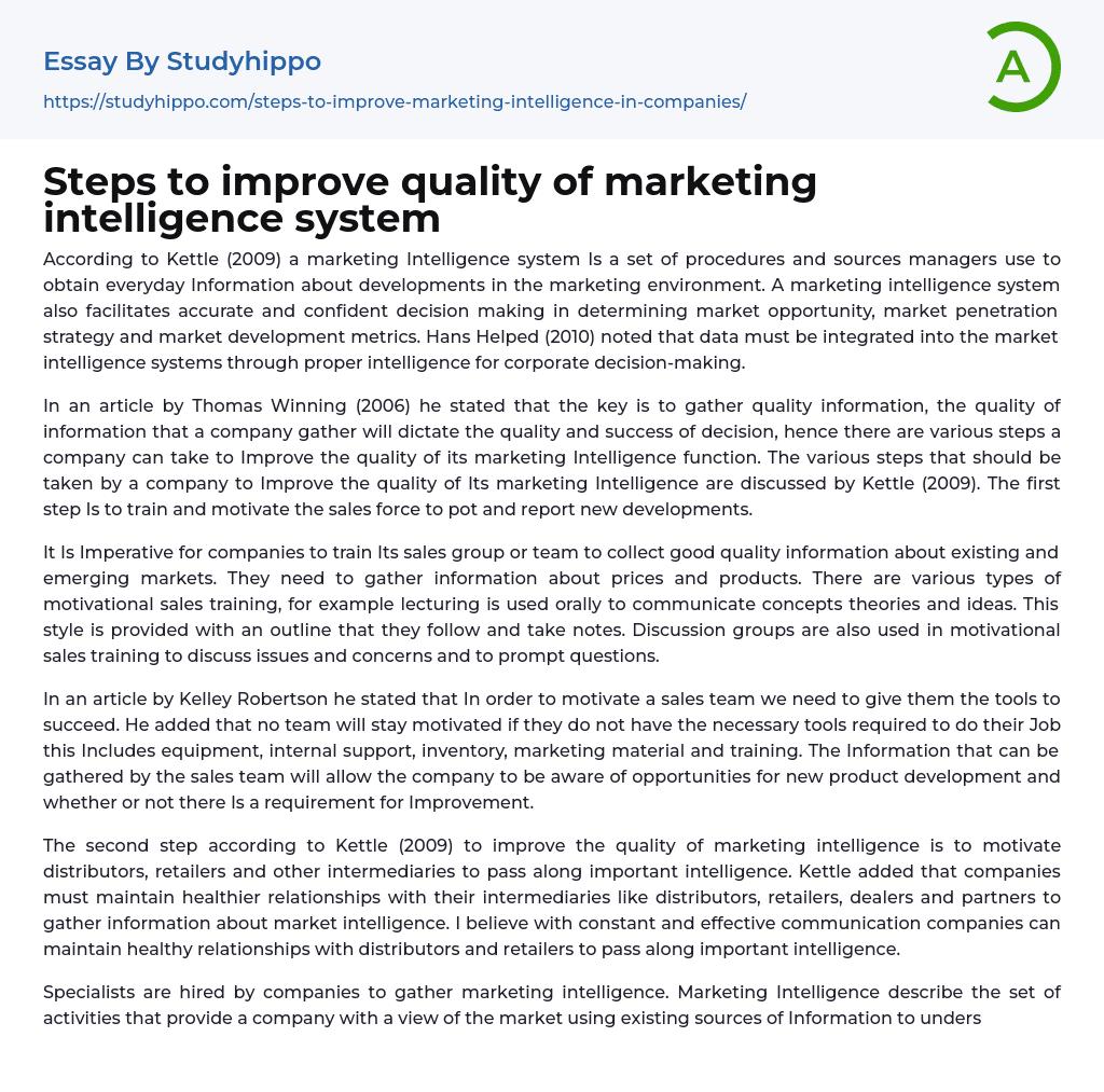 Steps to improve quality of marketing intelligence system Essay Example