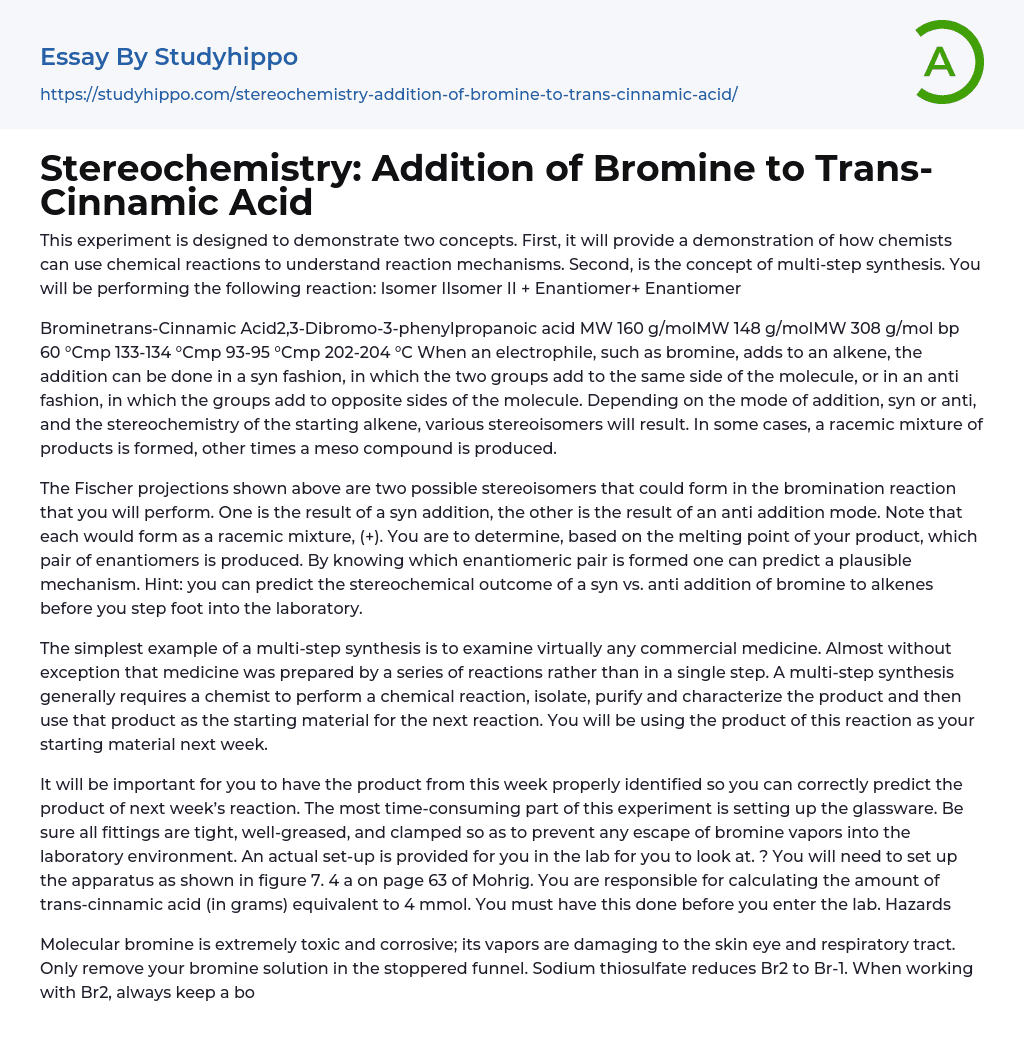 Stereochemistry: Addition of Bromine to Trans-Cinnamic Acid Essay Example