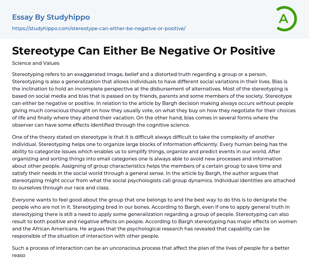 Stereotype Can Either Be Negative Or Positive Essay Example