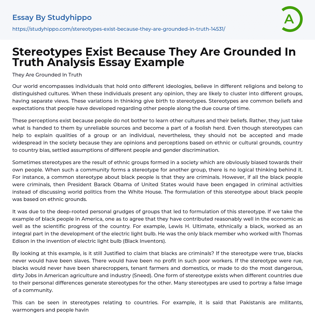 Stereotypes Exist Because They Are Grounded In Truth Analysis Essay Example