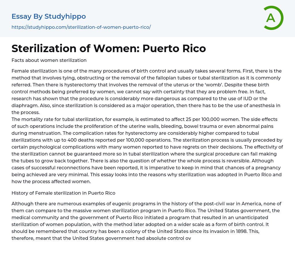 Sterilization of Women: Puerto Rico Essay Example