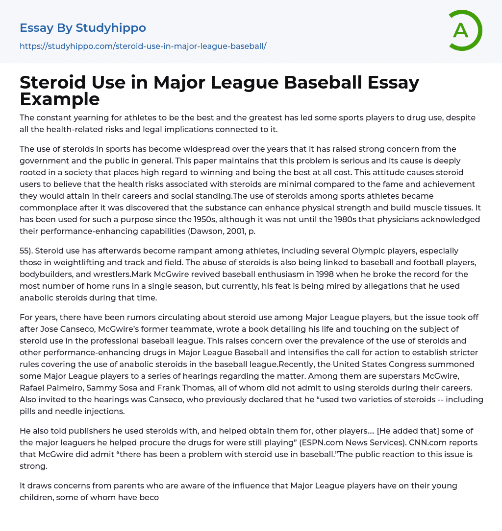 Steroid Use in Major League Baseball Essay Example