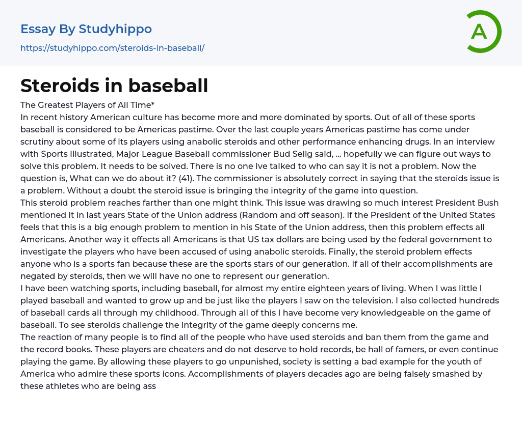 Steroids in baseball Essay Example