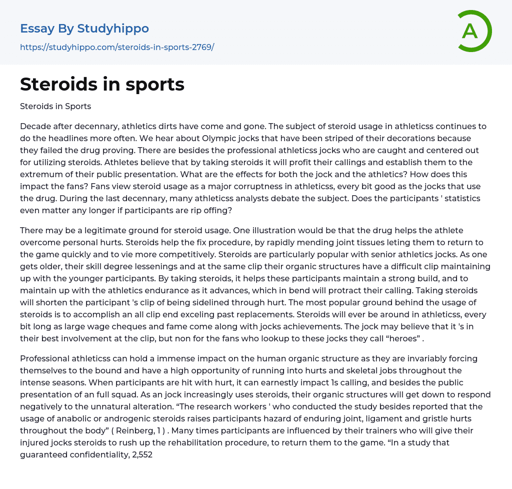 Steroids in sports Essay Example