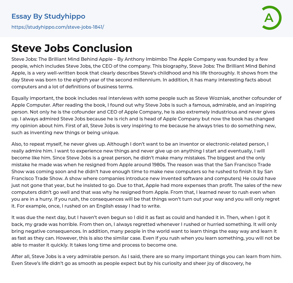 Steve Jobs Conclusion Essay Example