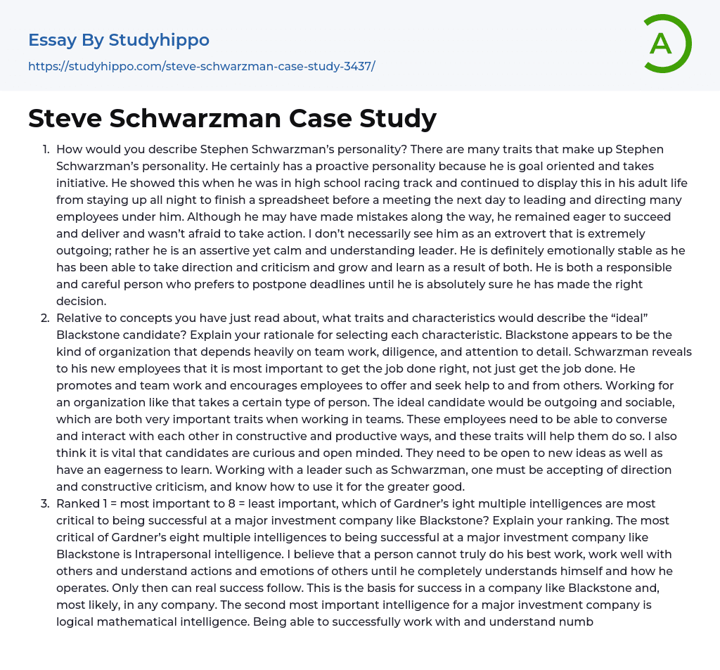 Steve Schwarzman Case Study Essay Example