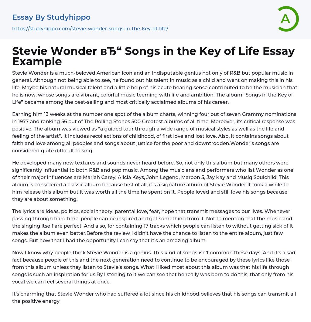 Stevie Wonder Songs in the Key of Life Essay Example