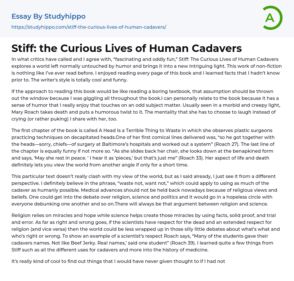 Stiff: the Curious Lives of Human Cadavers Essay Example