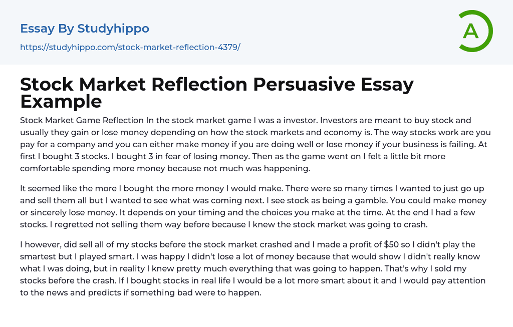 Stock Market Reflection Persuasive Essay Example