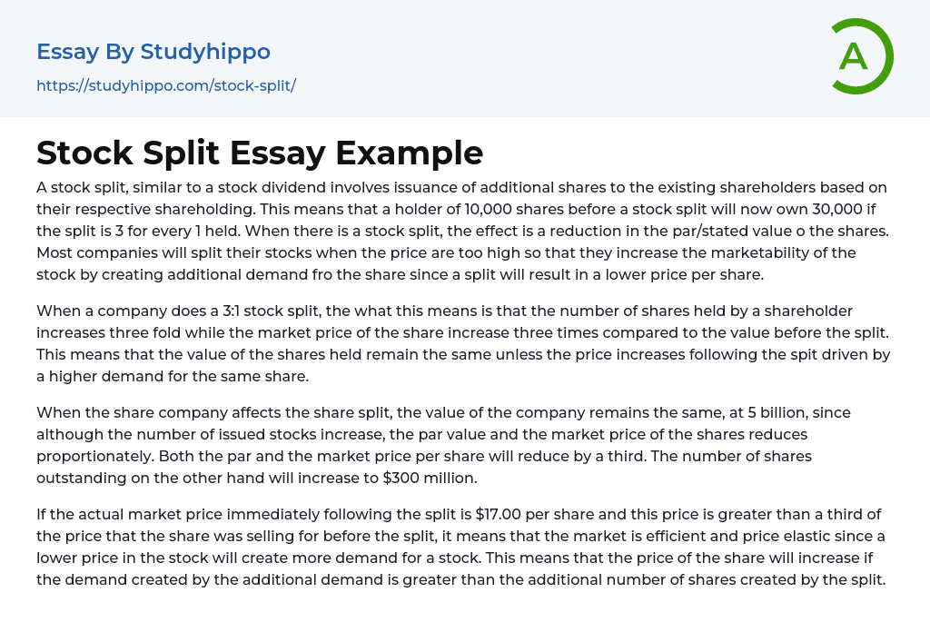 Stock Split Essay Example