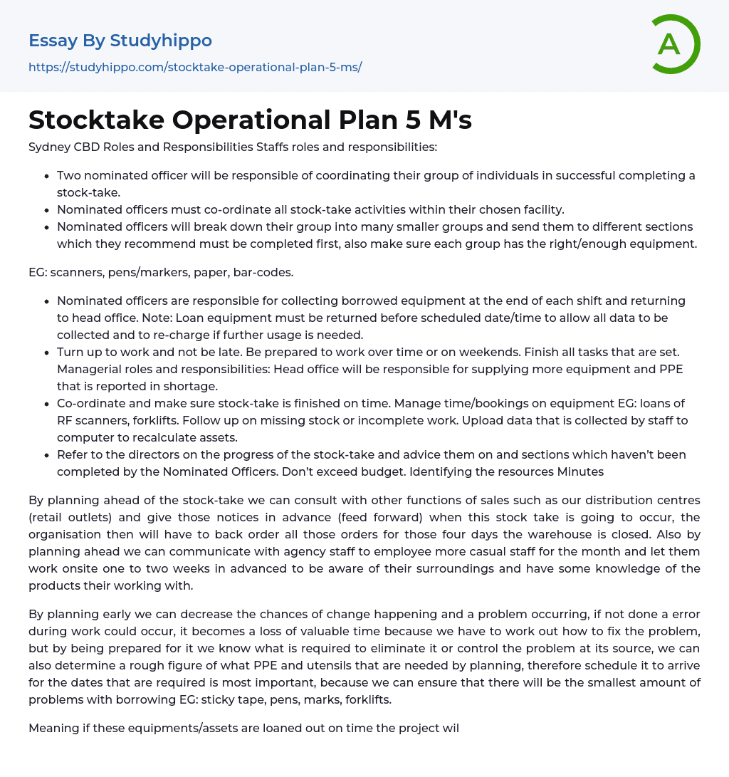 Stocktake Operational Plan 5 M’s Essay Example
