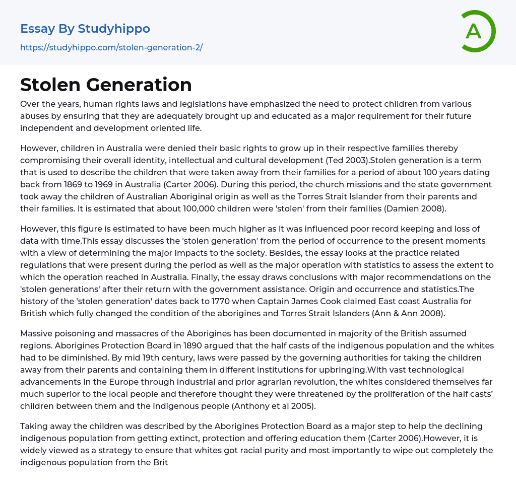 Stolen Generation Essay Example