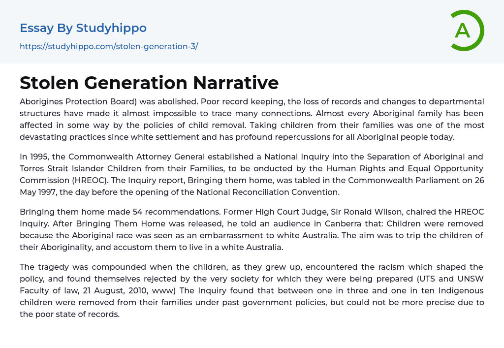 Stolen Generation Narrative Essay Example