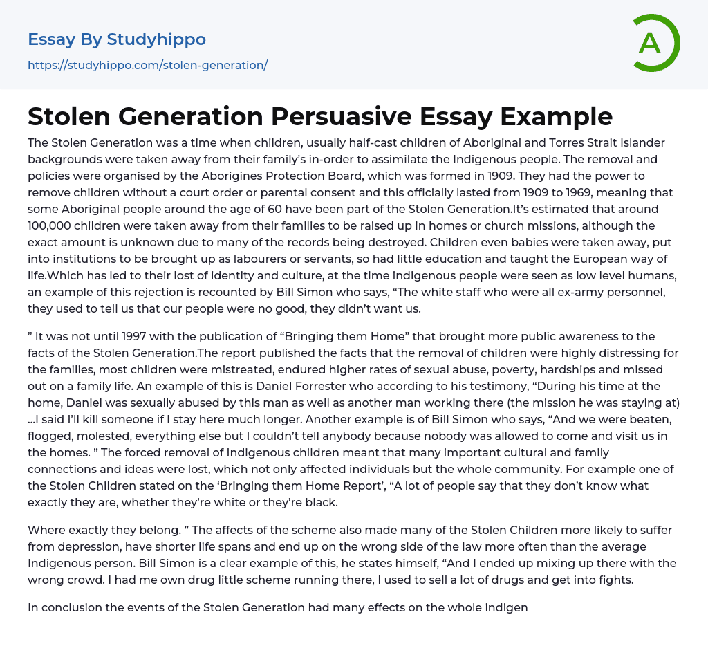 Stolen Generation Persuasive Essay Example