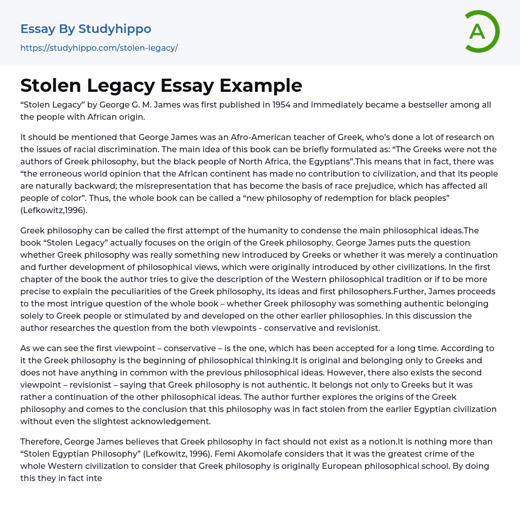 Stolen Legacy Essay Example