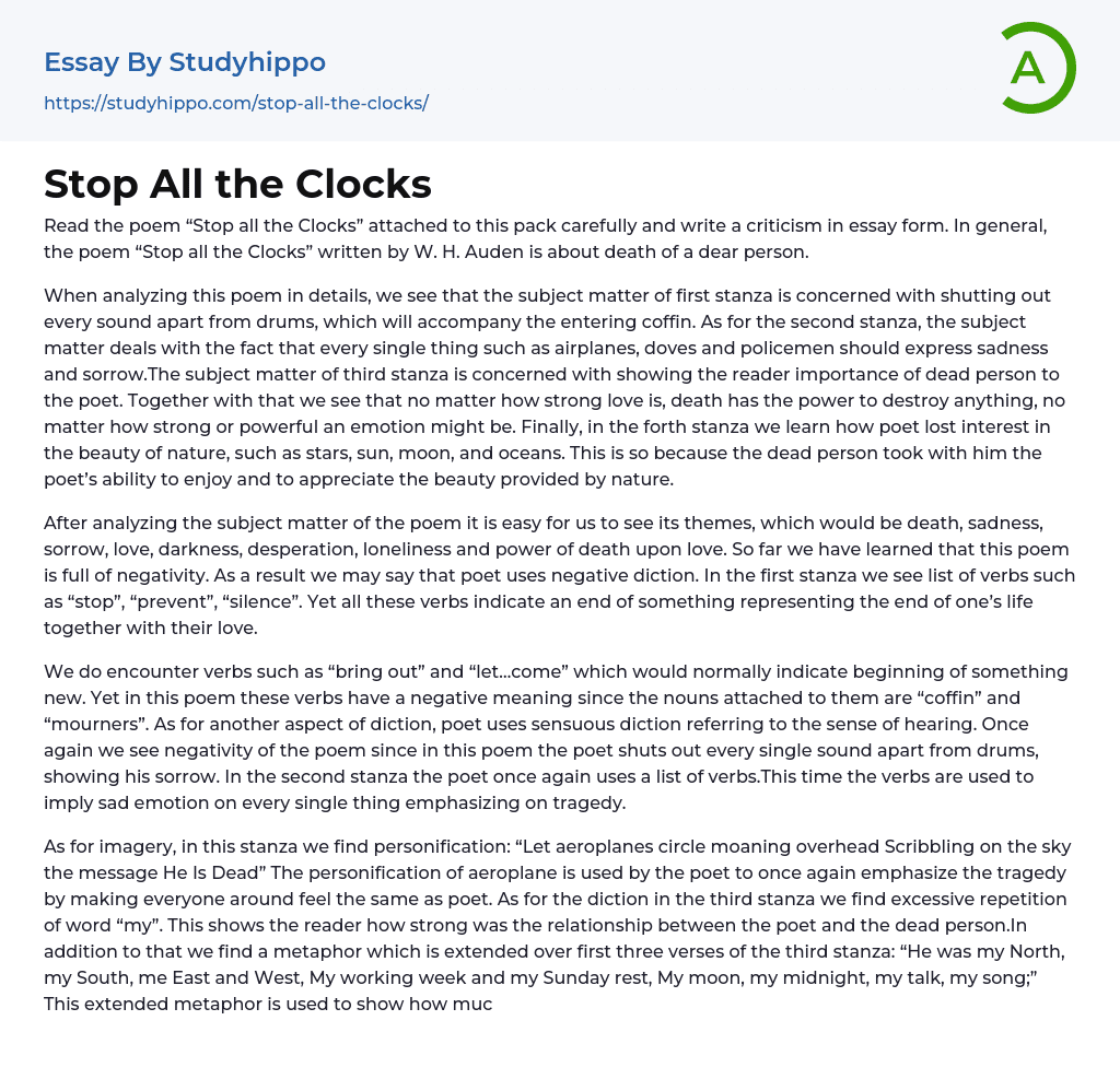Stop All the Clocks Essay Example