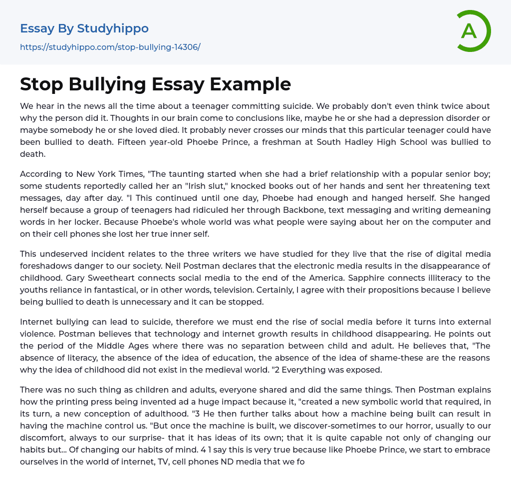 Stop Bullying Essay Example