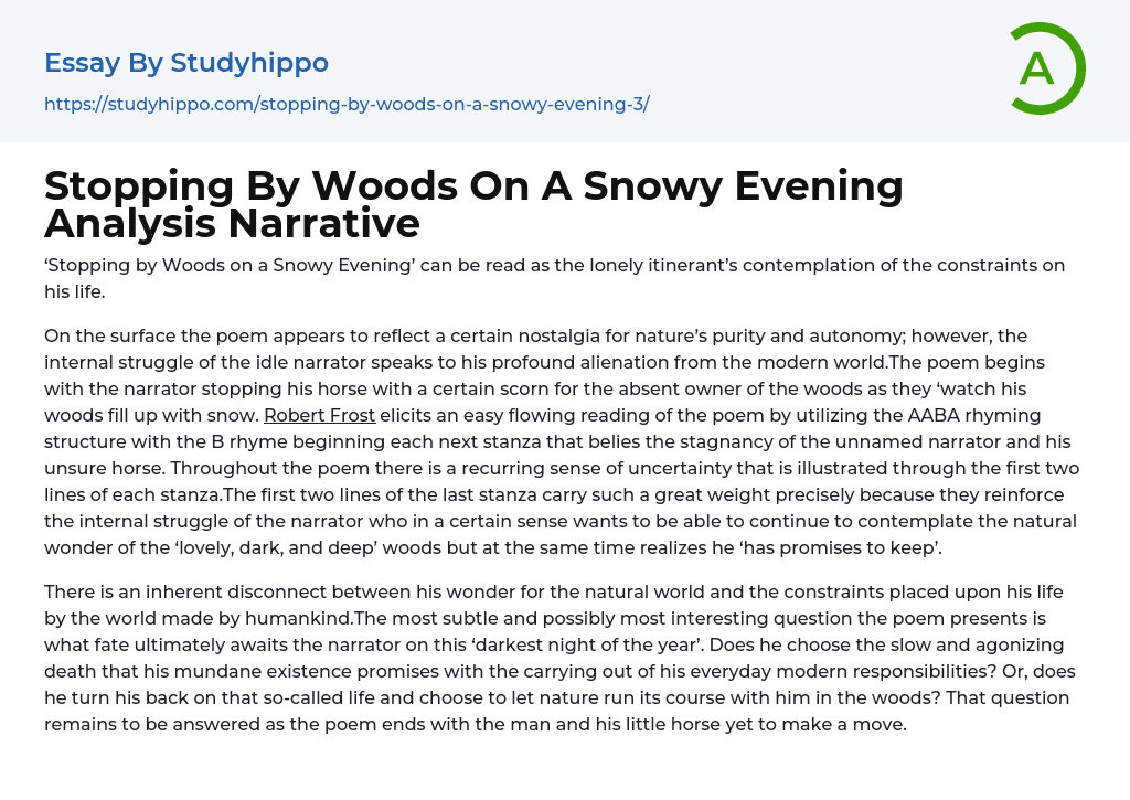 Stopping By Woods On A Snowy Evening Analysis Narrative Essay Example