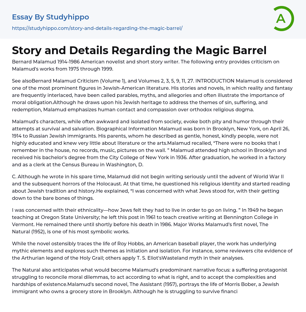 Story and Details Regarding the Magic Barrel Essay Example