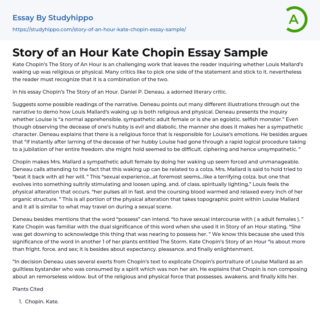 Story Of An Hour Kate Chopin Essay Sample StudyHippo