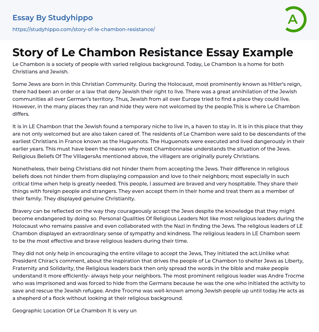 Story of Le Chambon Resistance Essay Example
