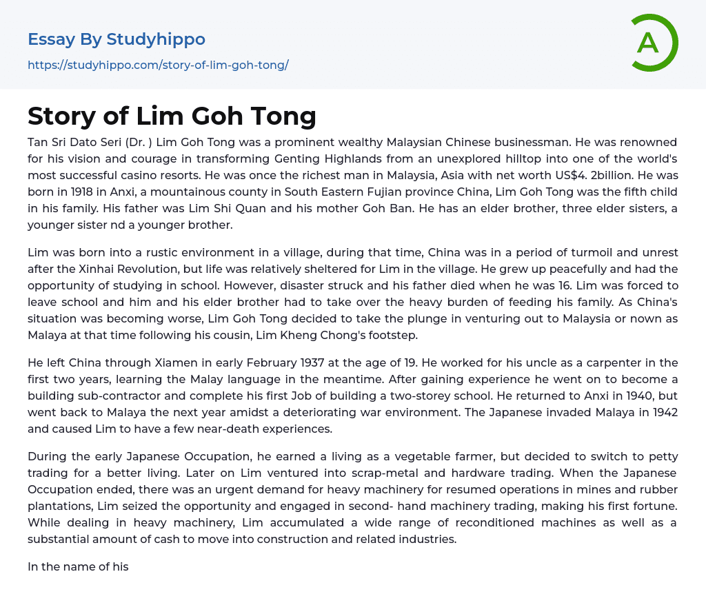 Story of Lim Goh Tong Essay Example