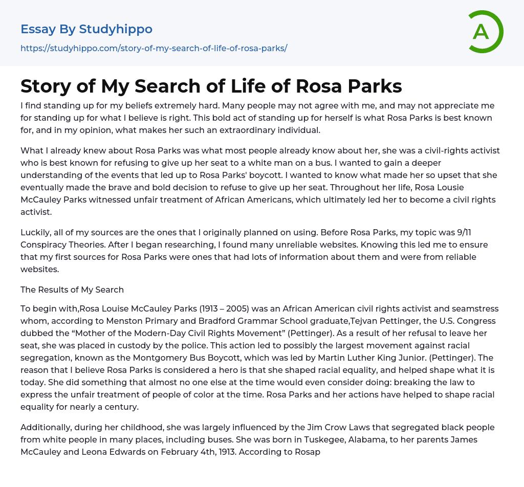 Story of My Search of Life of Rosa Parks Essay Example