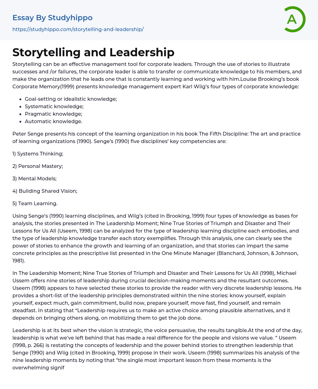 Storytelling and Leadership Essay Example