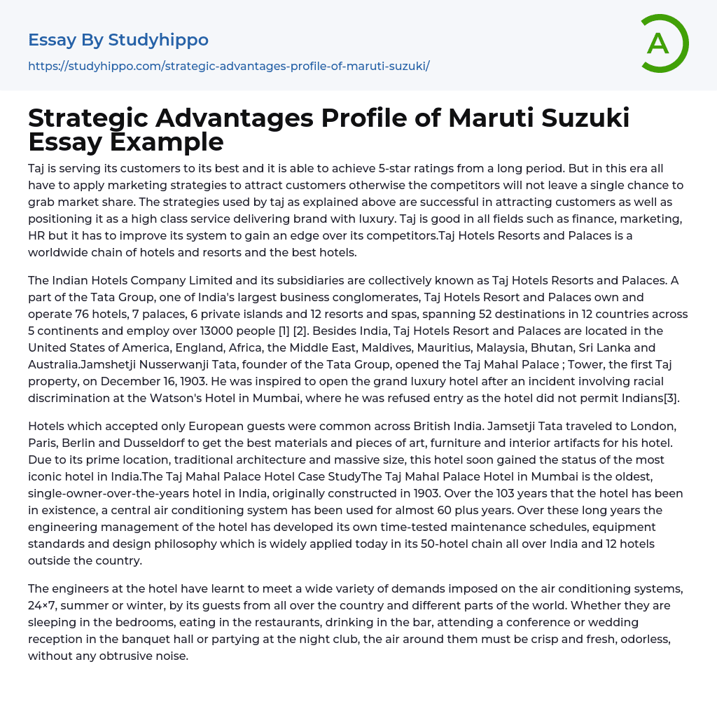 Strategic Advantages Profile of Maruti Suzuki Essay Example