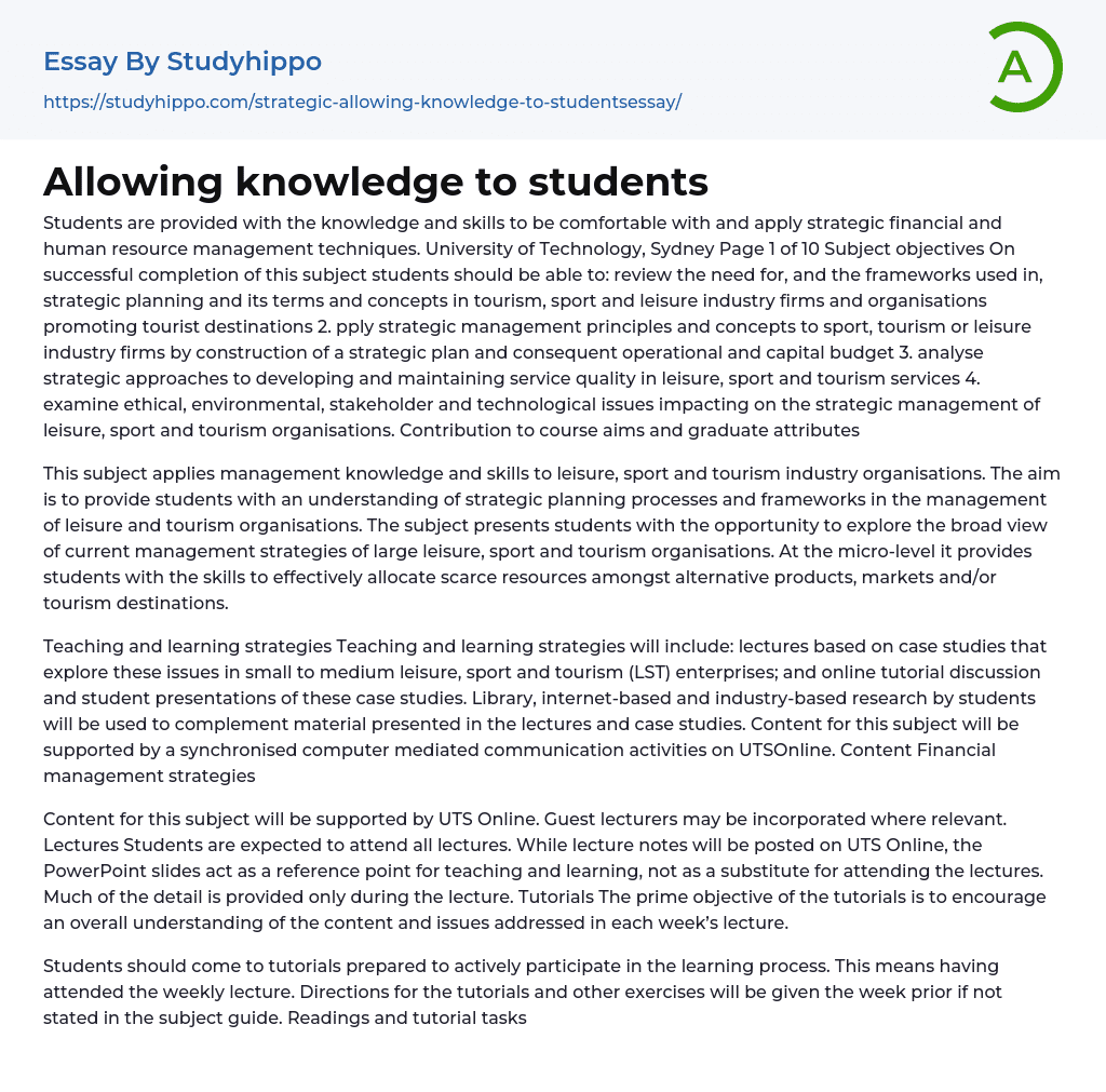 Allowing knowledge to students Essay Example