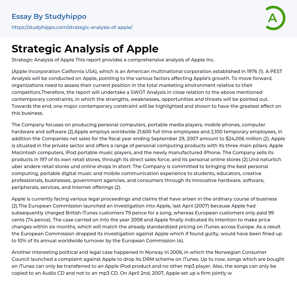 Strategic Analysis of Apple Essay Example
