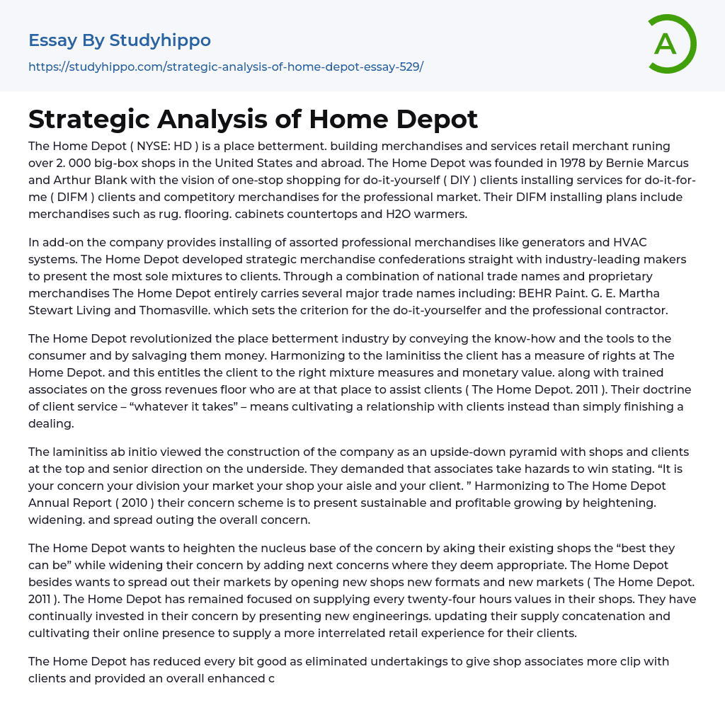 Strategic Analysis of Home Depot Essay Example